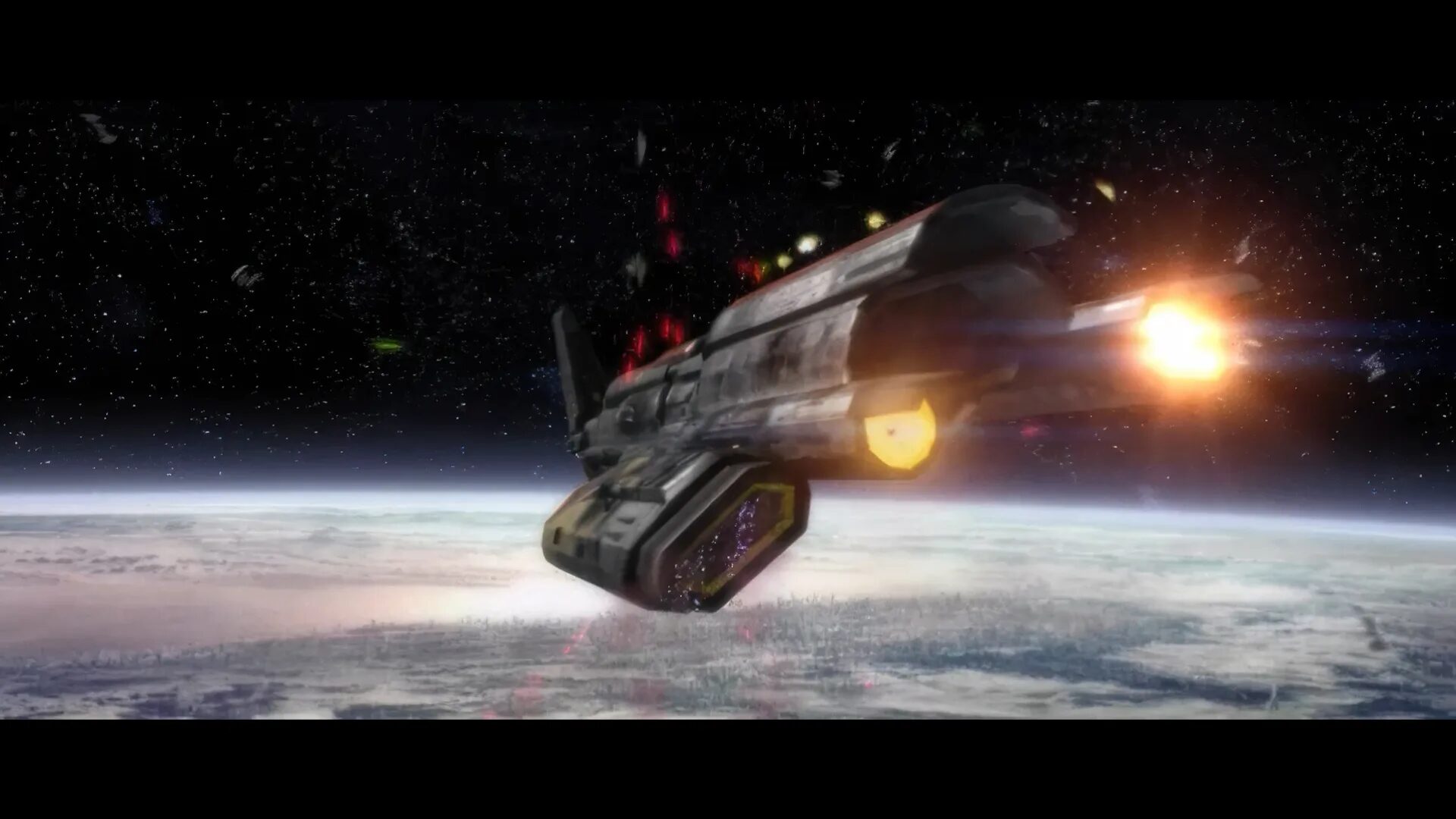 A frame from the rebuilt opening cinematic: the Endar Spire, engines burning and hull venting fire, falling across the clouded surface of Taris.