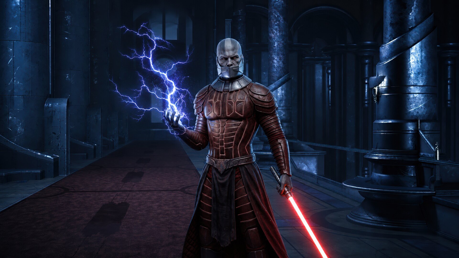 Painted loading screen: Darth Malak in red armour stands in a dark stone hall, Force lightning in his raised left hand, a red lightsaber in his right.