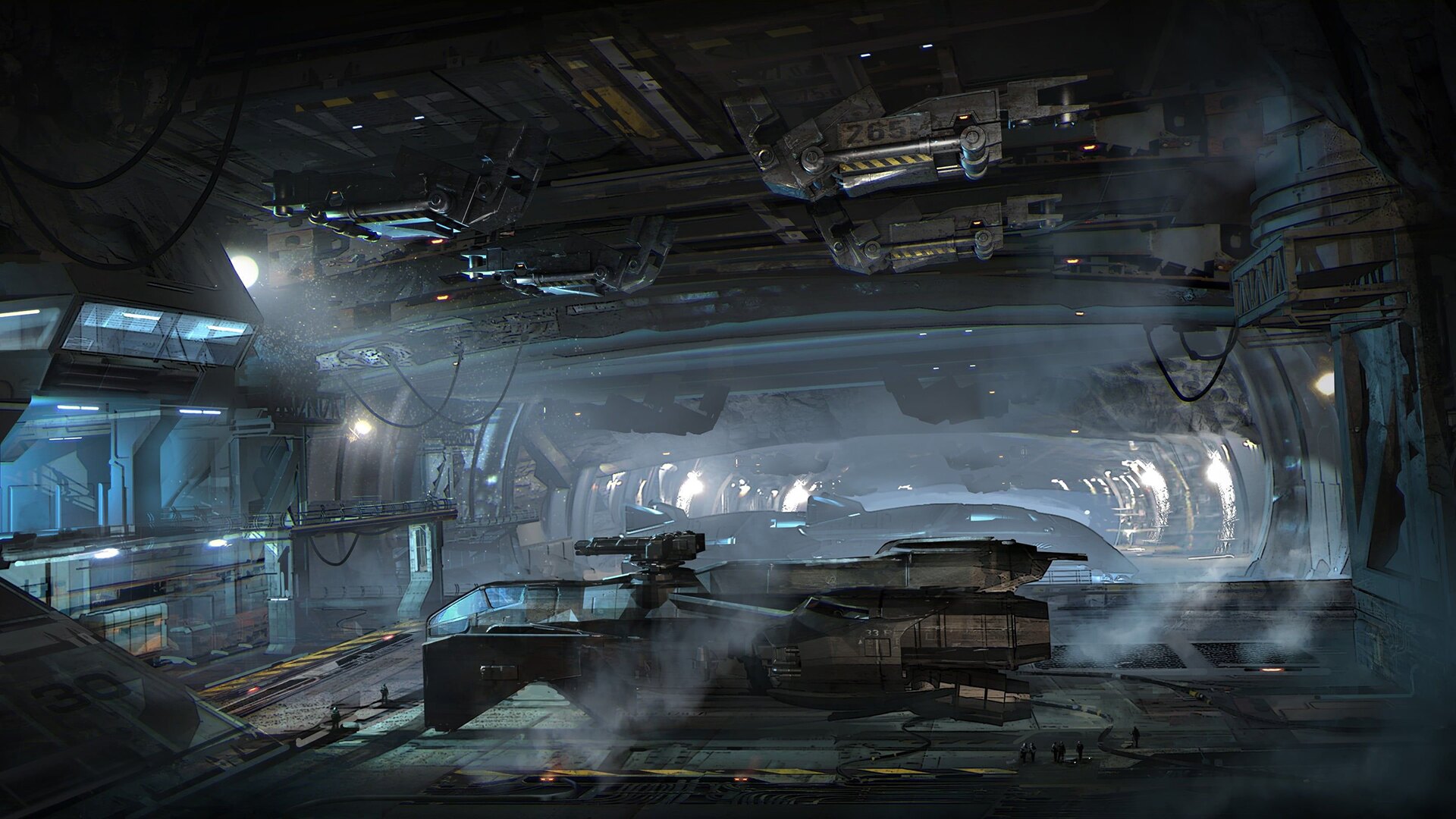 Painted loading screen: the industrial interior of a starship hangar, a small craft parked under heavy machinery, steam drifting through cold blue light.