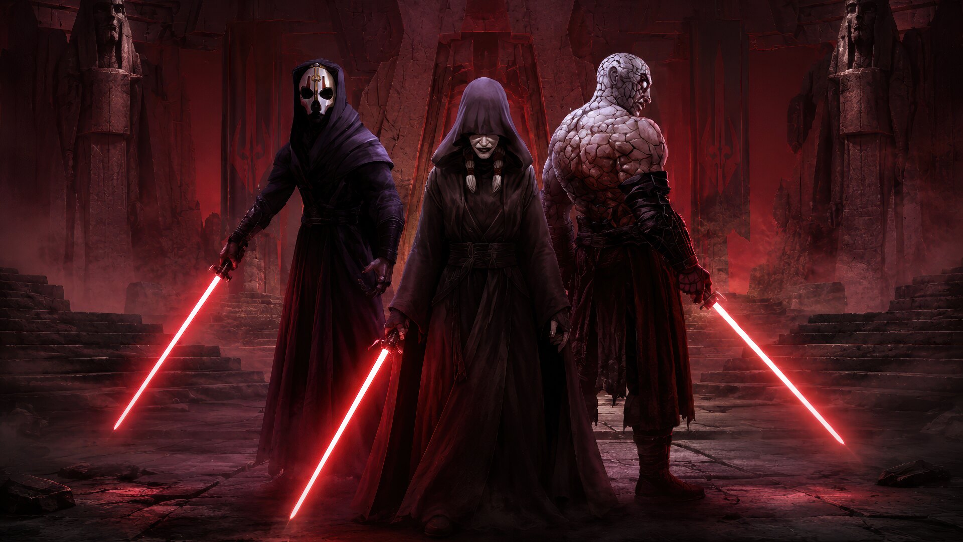 Painted loading screen: three Sith Lords with red lightsabers in a ruined red temple — the masked Darth Nihilus, the hooded Darth Traya, and Darth Sion with cracked grey skin.